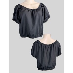Mimmer L Black Short Sleeve Semi-Cropped Peasant Blouse Elastic Scoop Neck & Hem